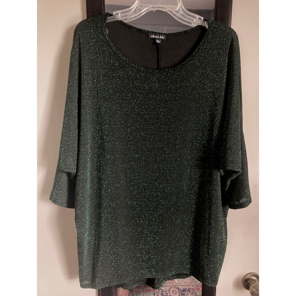 Olivia Blu Women’s Top Plus 2X Green Glitter Relaxed Fit Excellent Condition